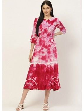 Magenta Rayon Dress With Tie Dye Print