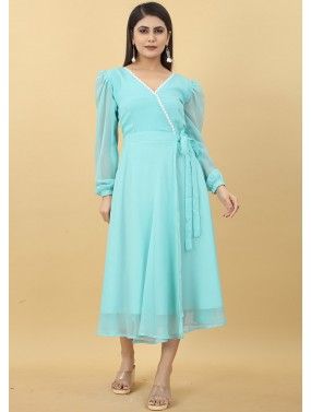 Turquoise Readymade Dress In Georgette