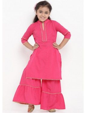 Pink Cotton Gota Patti Embellished Kids Kurta Gharara Set