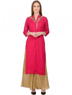 Pink Embroidered Kurta & Palazzo In Georgette
