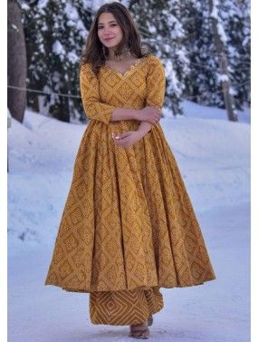 Yellow Readymade Printed Asymmetric Kurti Skirt Set Indo Western