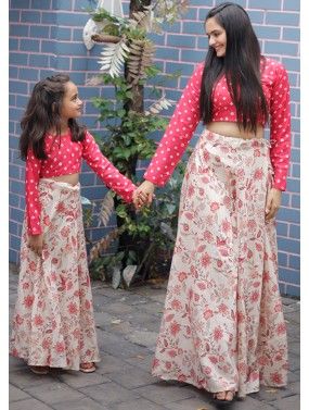 Red Readymade Art Silk Skirt Set For Mother & Daughter