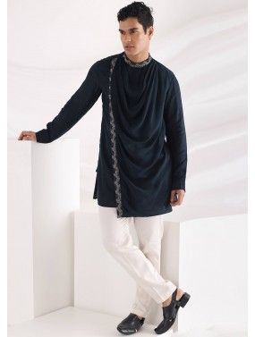 Blue Cowl Style Asymmetric Kurta Pajama Set