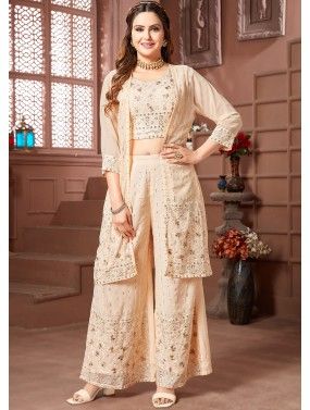 Cream Embroidered Jacket Style Georgette Co-Ord Set