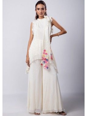 White Embroidered Co-ord Set In Chiffon