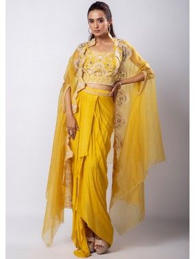 Yellow Embroidered Skirt Set With Jacket