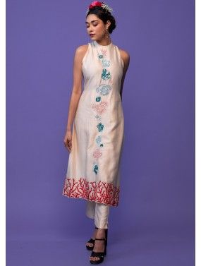 Cream Embroidered Co-Ord Set In Chanderi