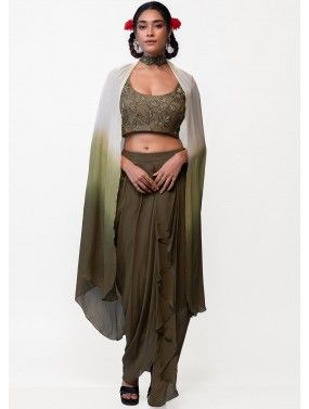 Green Embroidered Georgette Draped Skirt Set