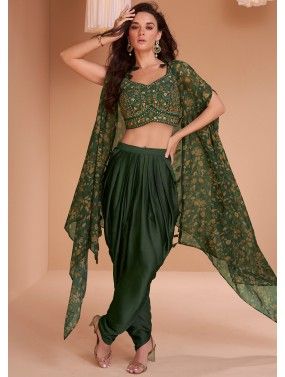 Green Embroidered Jacket Style Top Dhoti Set