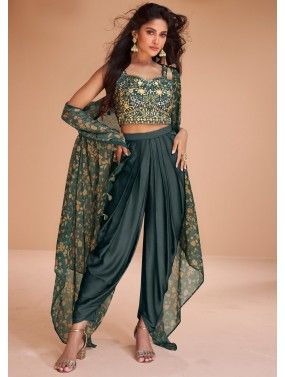 Green Readymade Embroidered Jacket & Dhoti Set