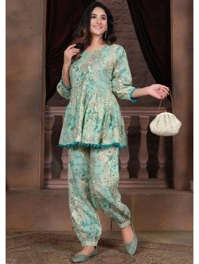 Readymade Turquoise Gota Patti Embellished Kurta Pant Set Latest 214TB04