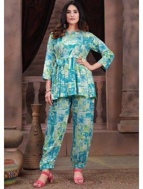 Blue Printed Co-ord Set In Rayon
