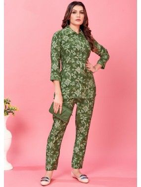 Green Floral Print Co-Ord Set In Chanderi