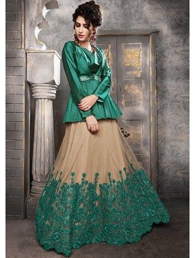 Green Readymade Embroidered Top With Skirt In Net