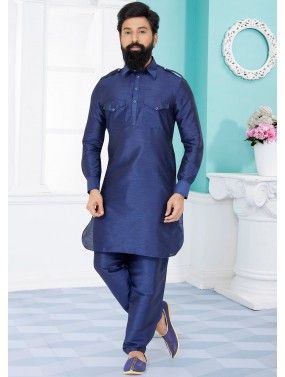 Navy Blue Color Dupion Silk Readymade Pathani Suit
