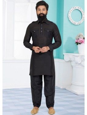 Black Color Dupion Silk Readymade Pathani Suit