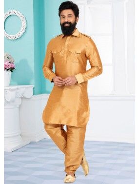 Brown Color Dupion Silk Readymade Pathani Suit