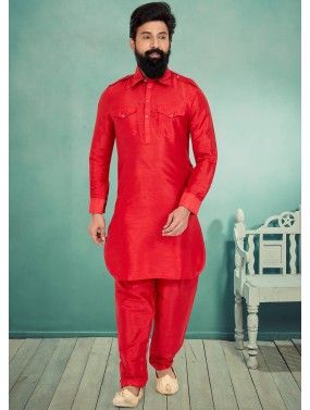 Red Color Dupion Silk Readymade Pathani Suit