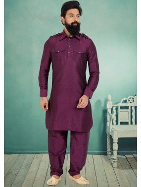Purple Color Dupion Silk Readymade Pathani Suit