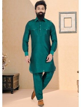 Green Color Dupion Silk Readymade Pathani Suit