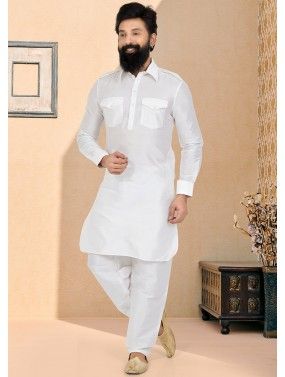 White Color Dupion Silk Readymade Pathani Suit