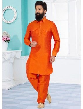 Orange Color Dupion Silk Readymade Pathani Suit