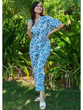 Blue Floral Printed Co-ord Set In Cotton