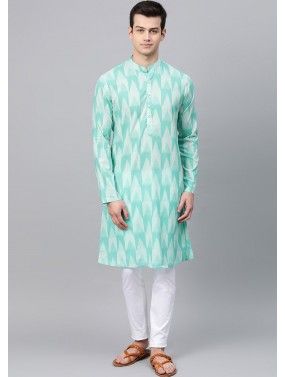 Turquoise Printed Mens Kurta Pajama