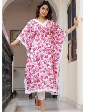 Pink Readymade Printed Kaftan With Pant In Cotton