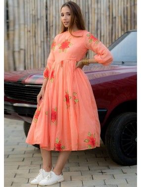 Peach Floral Printed Dress In Cotton