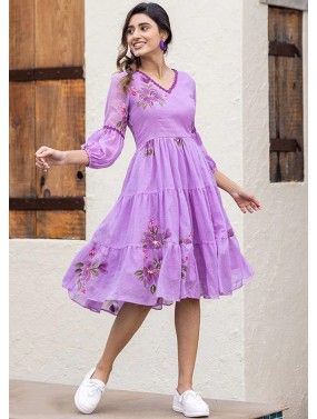 Purple Floral Printed Dress In Cotton