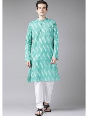 Turquoise Printed Mens Kurta & Pajama Set