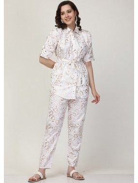 White Printed Co-ord Set In Cotton