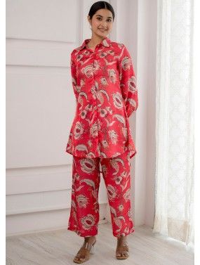 Red Cotton Co- Ord Set In Digital Print