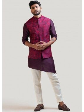 Purple Asymmetric Kurta Pajama With Nehru Jacket