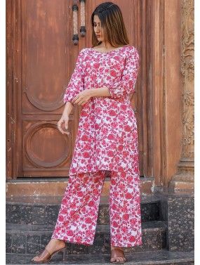 Pink Floral Printed Co-Ord Set In Cotton