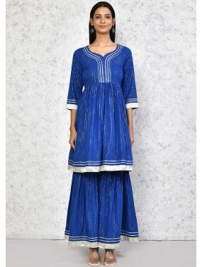 Blue Cotton Readymade Flared Style Kurti Sharara Suit