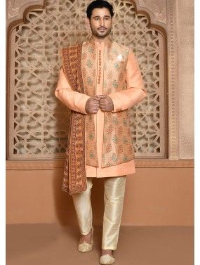 Orange Woven Jacket Style Sherwani Set