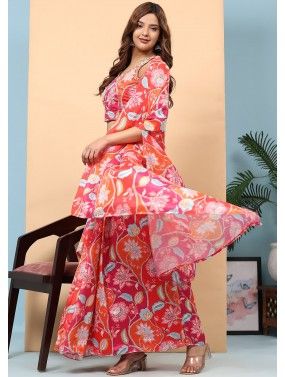 Pink & Orange Floral Printed Skirt Set & Shrug
