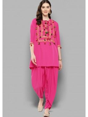 Pink Readymade Art Silk Flared Style Kurti And Dhoti