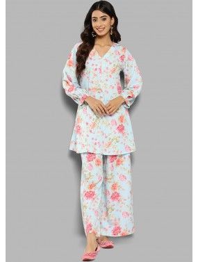 Powder Blue Floral Printed Readymade Co-Ord Set