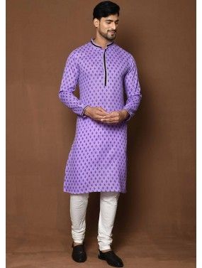 Purple Mens Printed Kurta Pajama Set