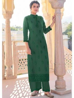 Green Georgette Readymade Embroidered Pant Suit