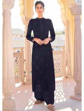 Dark Blue Readymade Embroidered Pant Suit In Georgette