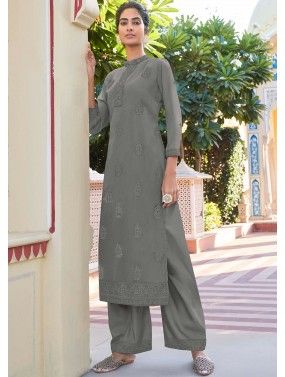 Grey Georgette Readymade Embroidered Pant Suit Set