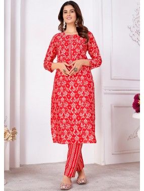 Red Printed Kurta Set In Silk
