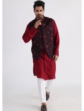 Maroon Embroidered Kurta Pajama With Nehru Jacket