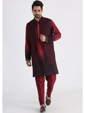 Shaded Maroon Kurta Pajama & Embroidered Nehru Jacket