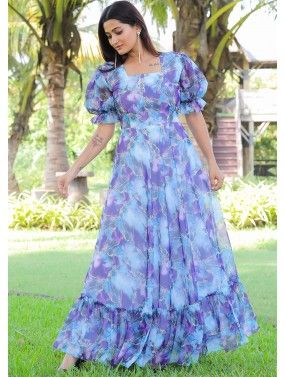 Blue Digital Printed Dress In Georgette