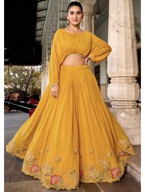 Yellow Readymade Embroidered Skirt Set In Georgette